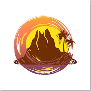 Badge with tropical volcano landscape and palm trees Posters and Art